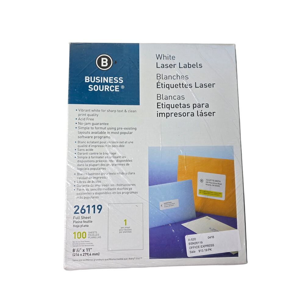 BUSINESS SOURCE 26119 Full Sheet 8.5"x11" White Laser Labels, Box of 100 - NEW